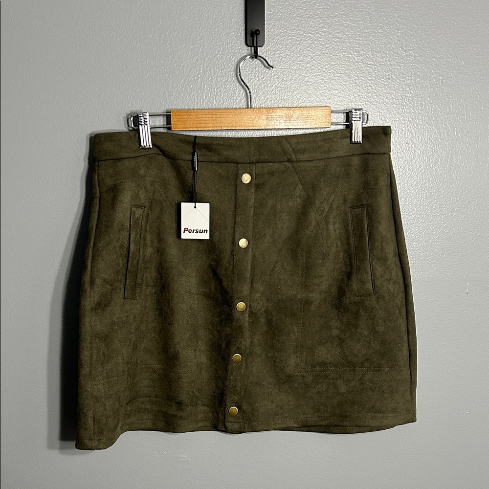 Olive Mini Skirt with Gold Buttons